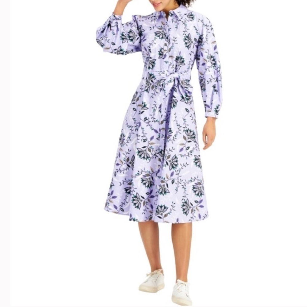 CHARTER CLUB Lavender Fields Floral Long Sleeve Belted Button Down Shirt Dress